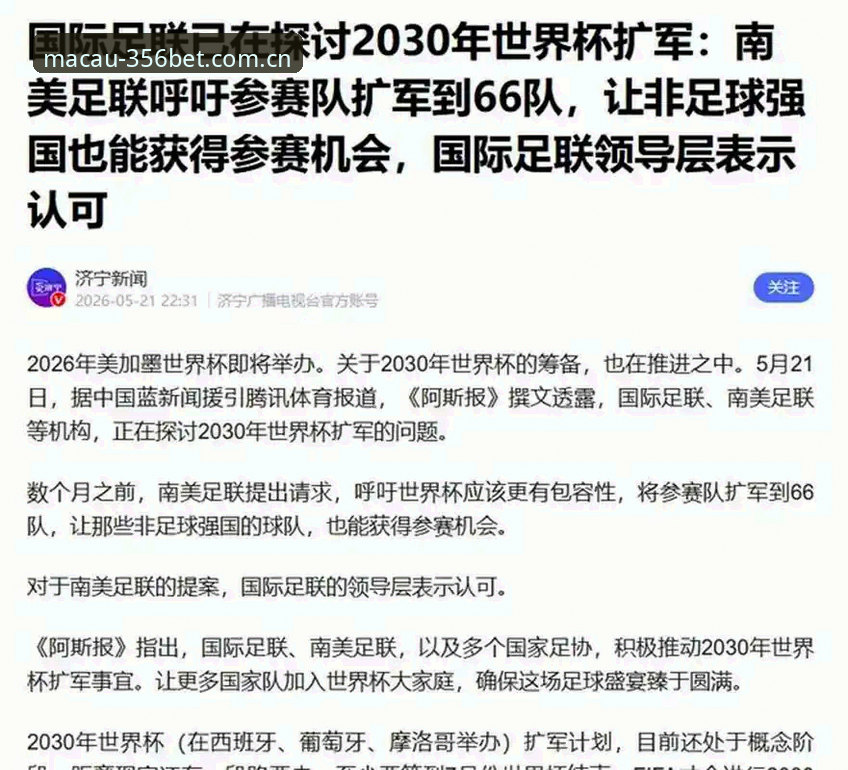 2030世界杯扩军至66队深度分析：中国男足迎来历史性机遇